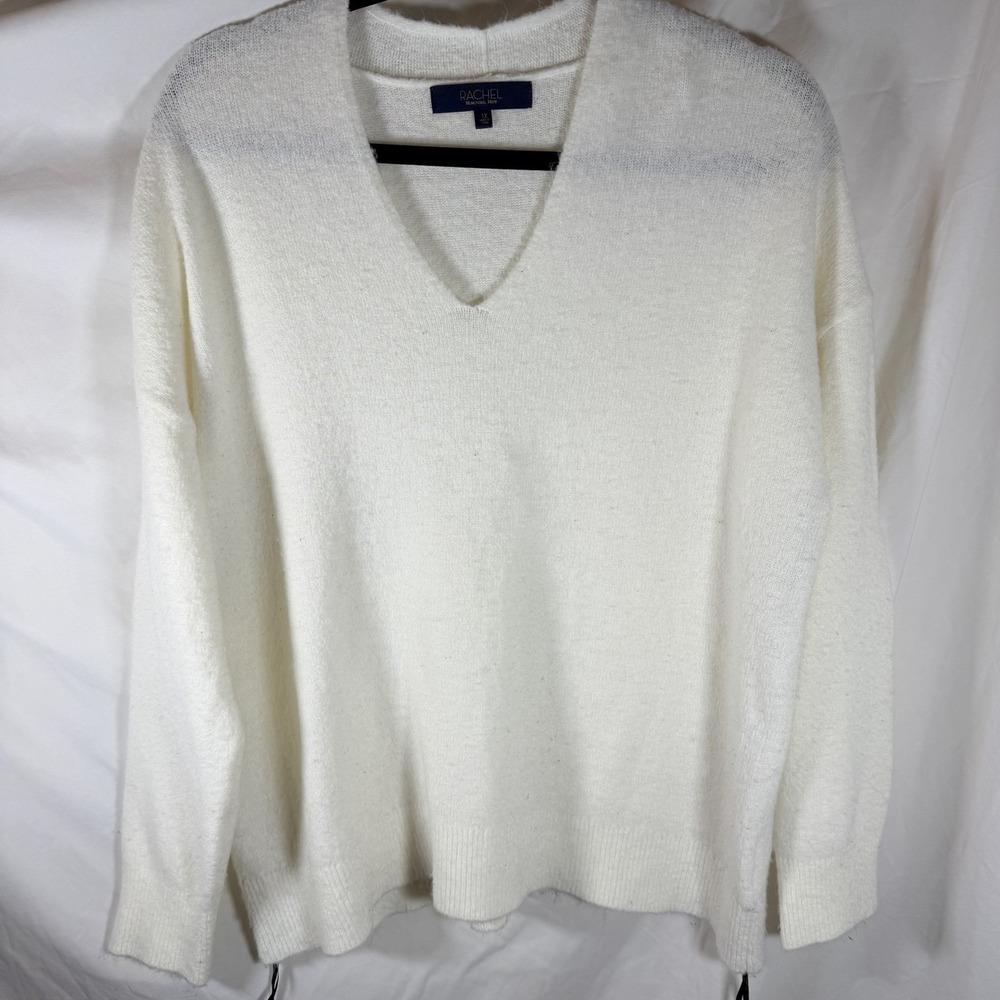 Rachel Roy V-Neck Long Sleeve Lightweight Sweater Acrylic Eggshell Top Fuzzy 1X